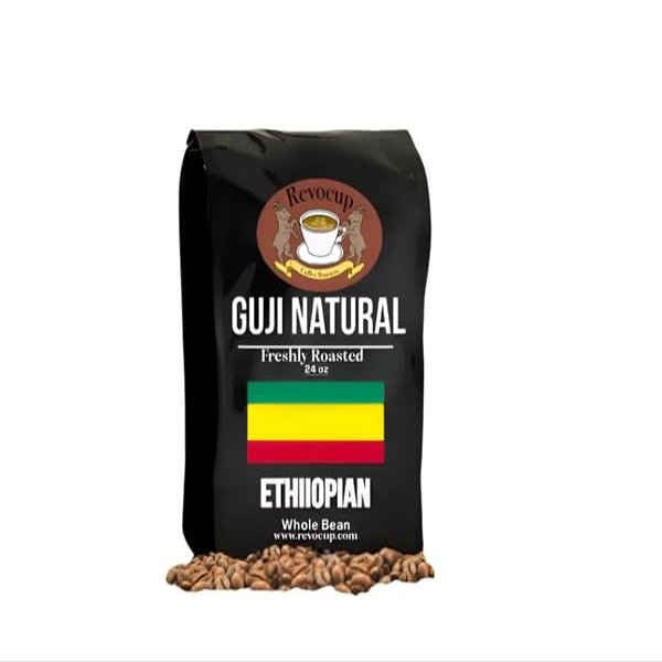 Revocup Ethiopian Guji Natural Coffee 24oz, Naturally Processed Speciality grade Whole Bean Light/Medium Roast, Raspberry & Floral Notes, Specialty Grade, Brews 40+ Cups @ 9oz Gourmet Coffee (24oz, Natural)