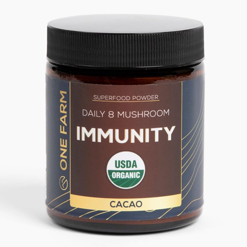 One Farm by WAAYB Organic 8 Mushroom Immunity Powder, Non-GMO - Turkey Tail, Chaga, Cordyceps, Shiitake, Reishi, Maitake, Lion's Mane, and Mesima - Vegan Mushroom Supplement in a Resealable Glass Jar