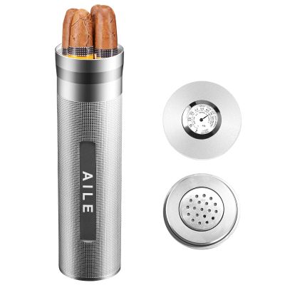AILE Cigar Stainless Steel humidor Silver Travel Cigar case Tube for 3 to 4 Cigars, Portable Cigar case, Cigar Hygrometer, Great Gift for Men, Dad, Husband