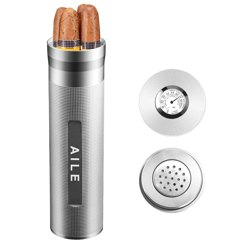 AILE Cigar Stainless Steel humidor Silver Travel Cigar case Tube for 3 to 4 Cigars, Portable Cigar case, Cigar Hygrometer, Great Gift for Men, Dad, Husband