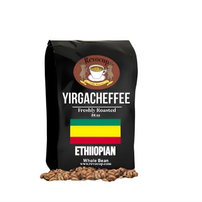 Revocup 24oz Fair Trade Organic Ethiopian Yirgacheffe Whole Bean Coffee, USDA Certified, Blueberry & Floral Notes Specialty Single-Origin Coffee (Brews 40+ Cups @ 9 oz each)