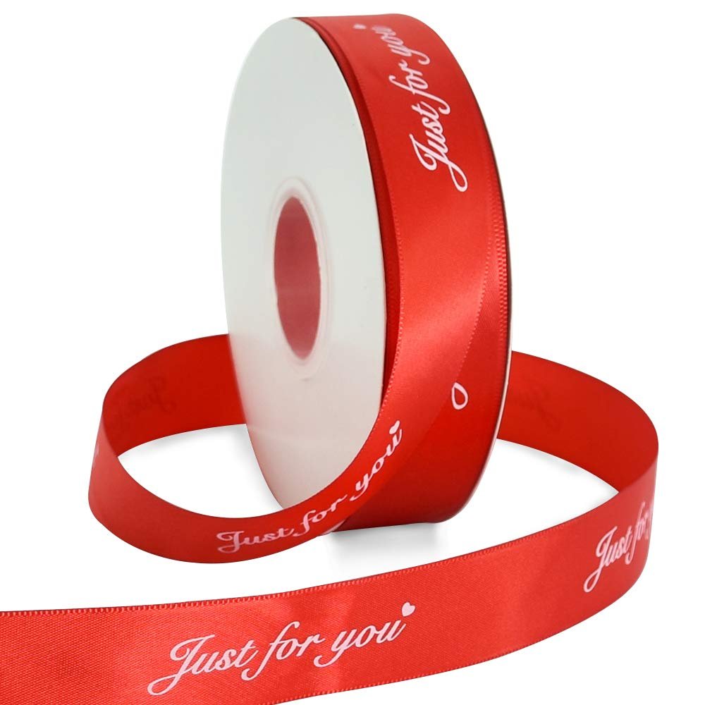 1 Inch Wide Satin Ribbon Roll Red 50 Yards Printing Just for You Fabric Craft Ribbon for Wedding Birthday Valentine's Day Flowers Packaging Box Paper Gift Wrapping Party Decoration