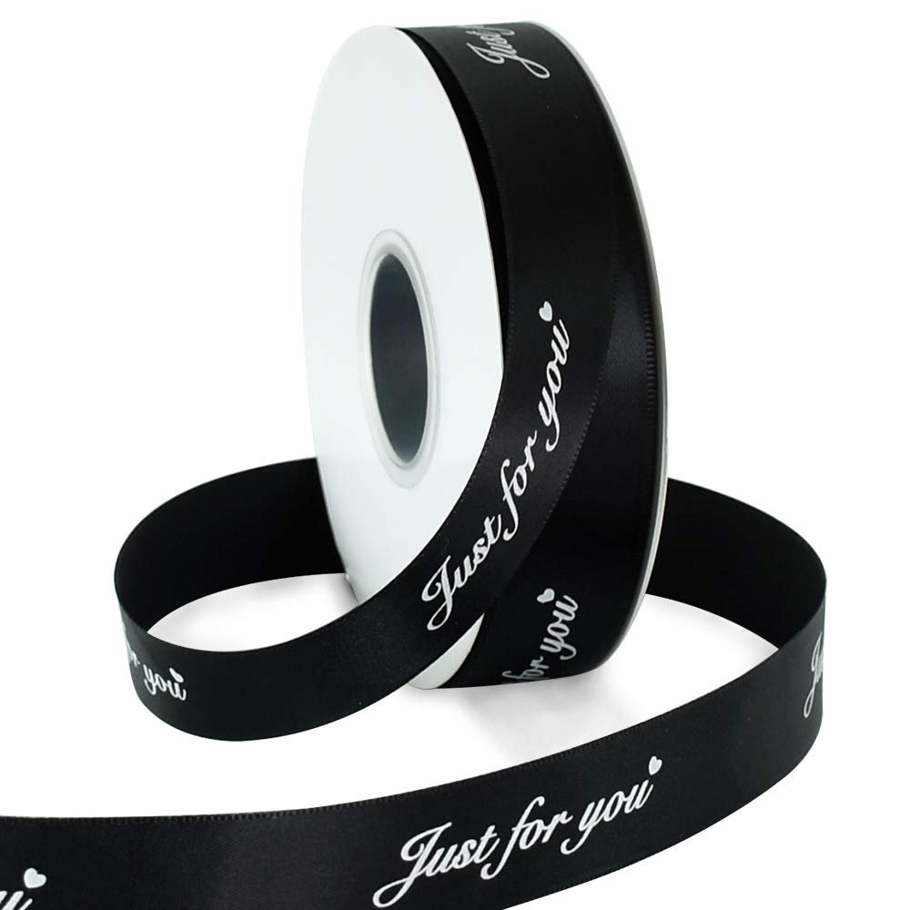 1 Inch Wide Satin Ribbons Roll Black 50 Yards Printing Just for You Fabric Craft Heart Ribbon for Wedding Birthday Valentine's Day Flowers Floral Packaging Box Paper Gift Wrapping DIY Party Decoration