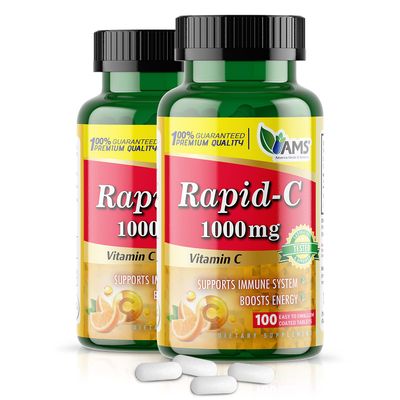 America Medic & Science Rapid-C 1000mg Vitamin C Supplement (2 Pack of 100 Tablets) Energy Booster, Daily Immune System Support, Antioxidant | Vegan, Non-GMO Coated Ascorbic Acid for Adult Men & Women