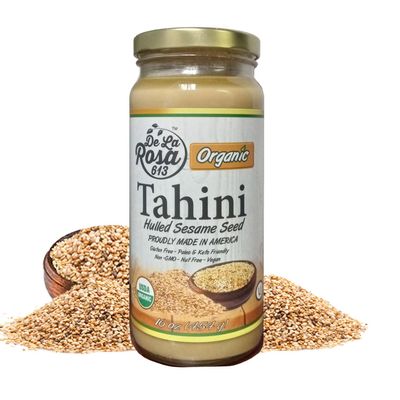 De La Rosa Organic Hulled Tahini, Stone Ground, Toasted & Unbleached, Vegan, Kosher, NON-GMO & Gluten Free, Great Source of Protein & Calcium for Hummus and Salad Dressing 16 Oz (Pack of 1)