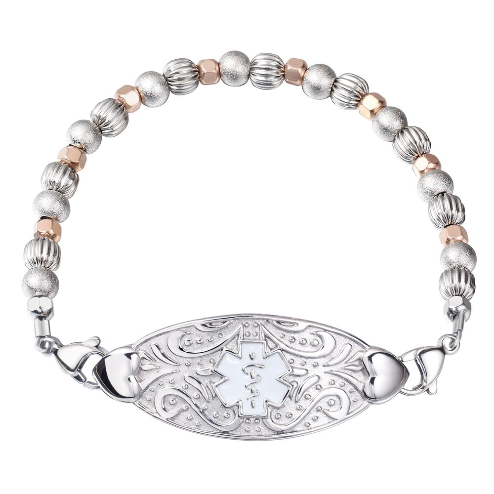 ASTERY MunsteryAid Customized Medical Alert ID Beaded Bracelet with Free Engraving for Women,Personalized Emergency Identification Womens Medical ID Bracelet Awareness Jewelry,6.5 to 8.5 Inches (8.0)