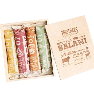 Foustman's Salami Wooden Gift Box, Artisan, Nitrate-Free, Naturally Cured, Flavors - San Francisco Style Pork, Cabernet Wine, Beef, and Pepperoni, Pack of 4, 8 Oz Each
