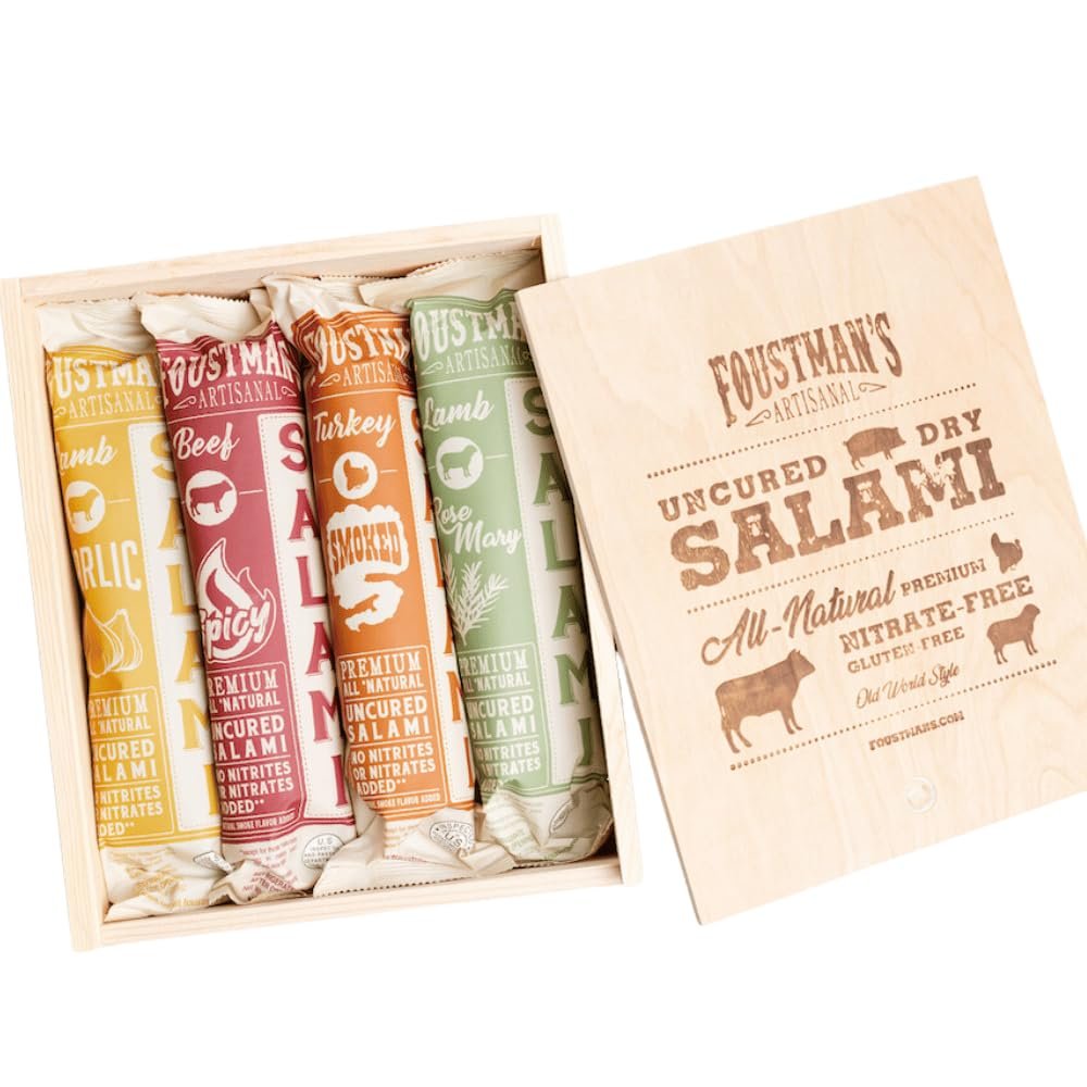 Foustman's Salami Wooden Gift Box, Artisan, Nitrate-Free, Naturally Cured, Flavors - San Francisco Style Pork, Cabernet Wine, Beef, and Pepperoni, Pack of 4, 8 Oz Each