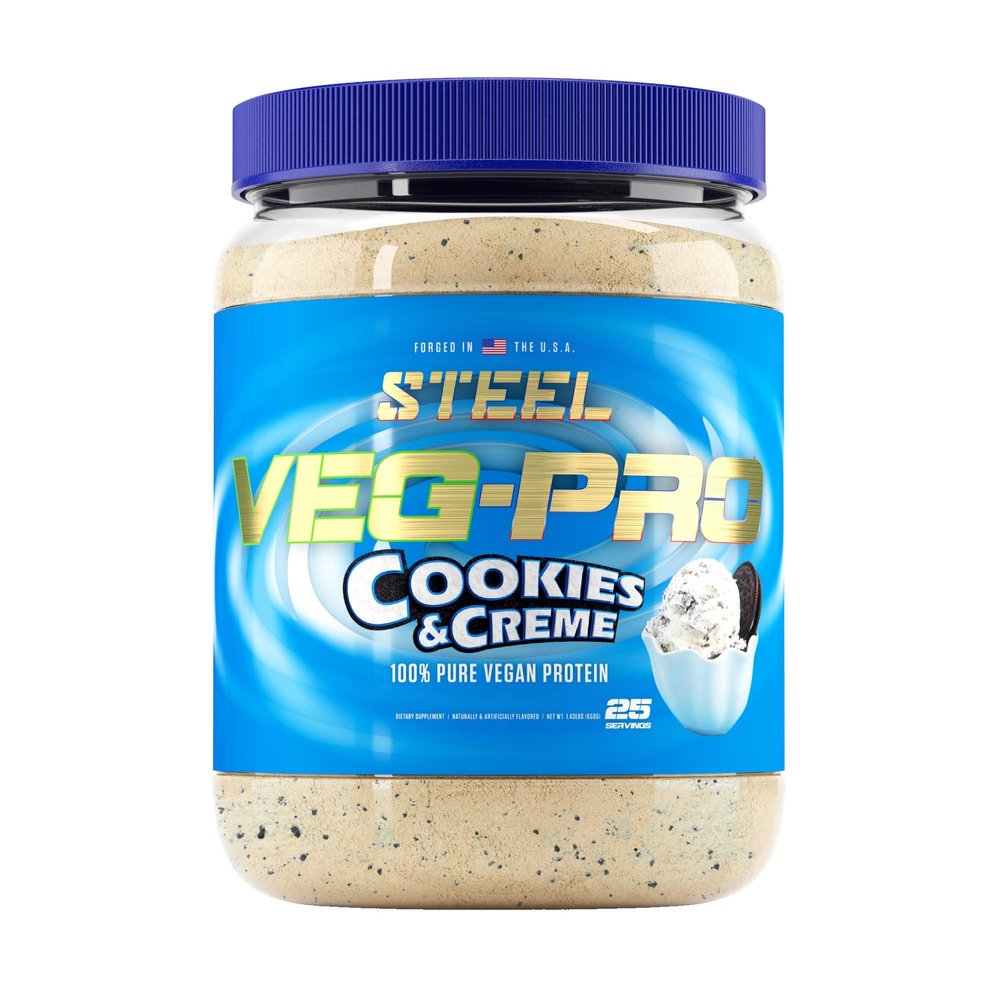 Steel Supplements Veg-PRO | Vegan Protein Powder, Cookies and Creme | 25 Servings (1.65lbs) | Protein Powder with BCAA Amino Acid | Non GMO | Non Dairy | Low Carb Formula