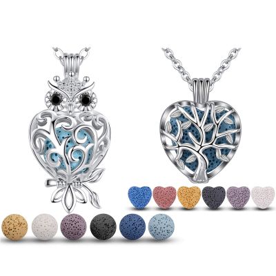 2 Pack Essential Oil Necklaces Diffuser for Women Aromatherapy Jewelry with Lava Rock Stones, Wise Owl & Heart Tree of Life Pendant, 24" Chain
