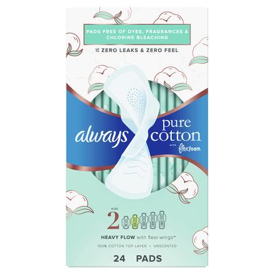 Always, Pure Cotton with Flexfoam Pads Heavy Flow Size 2, 24 Count