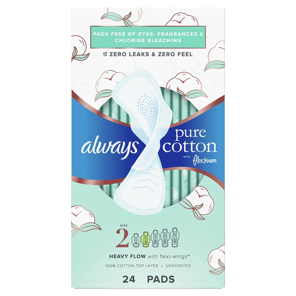Always, Pure Cotton with Flexfoam Pads Heavy Flow Size 2, 24 Count