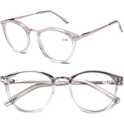 AQWANO Blue Light Blocking Reading Glasses Women Men, Round Computer Readers Anti Eyestrain/UV/Glare Gaming Fashion Glasses Metal Spring Hinge Frame Large Lens, Transparent 2.0