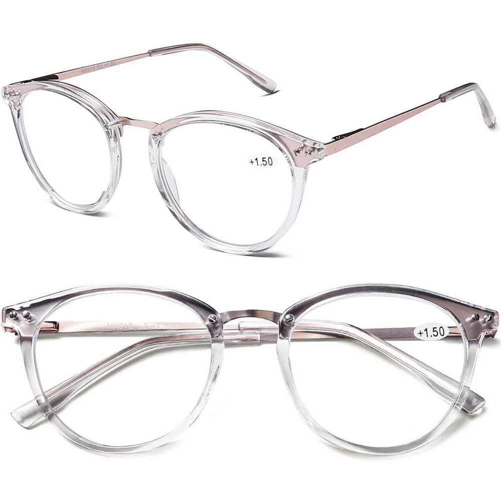 AQWANO Blue Light Blocking Reading Glasses Women Men, Round Computer Readers Anti Eyestrain/UV/Glare Gaming Fashion Glasses Metal Spring Hinge Frame Large Lens, Transparent 2.0