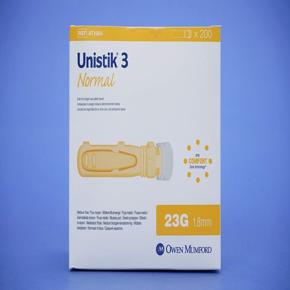 OWEN-MUMFORD INC UNISTIK 3 Normal LANCETS, Needle 1.8MM X 23G, Push Button Activated, AT1004 (Case of 200)