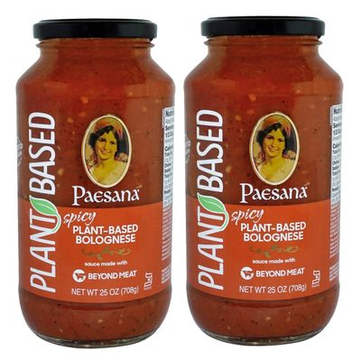 Paesana Spicy Plant-Based Bolognese Sauce Made with Beyond Meat  4 grams of plant-based protein per serving, Free of Gluten, Cholesterol, Soy & GMOs. Vegan-friendlyPacked in the USA, 25oz (2 Pack)