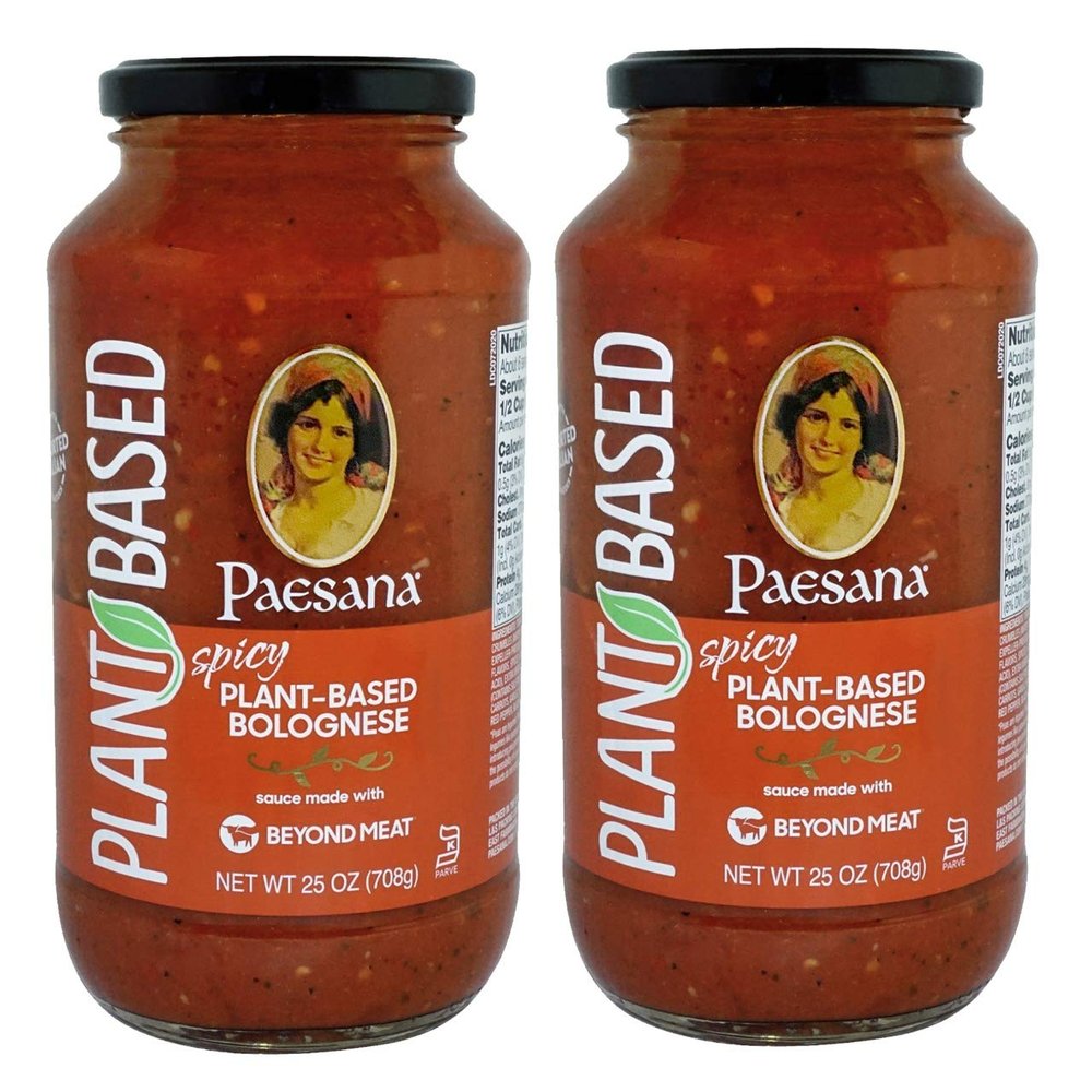 Paesana Spicy Plant-Based Bolognese Sauce Made with Beyond Meat  4 grams of plant-based protein per serving, Free of Gluten, Cholesterol, Soy & GMOs. Vegan-friendlyPacked in the USA, 25oz (2 Pack)