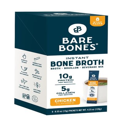 Bare Bones Chicken Bone Broth Instant Powdered Mix | Rich Savory Packets on-the-Go No Artificial Flavors | Keto & Paleo Friendly | 10g Protein | 8 Pack