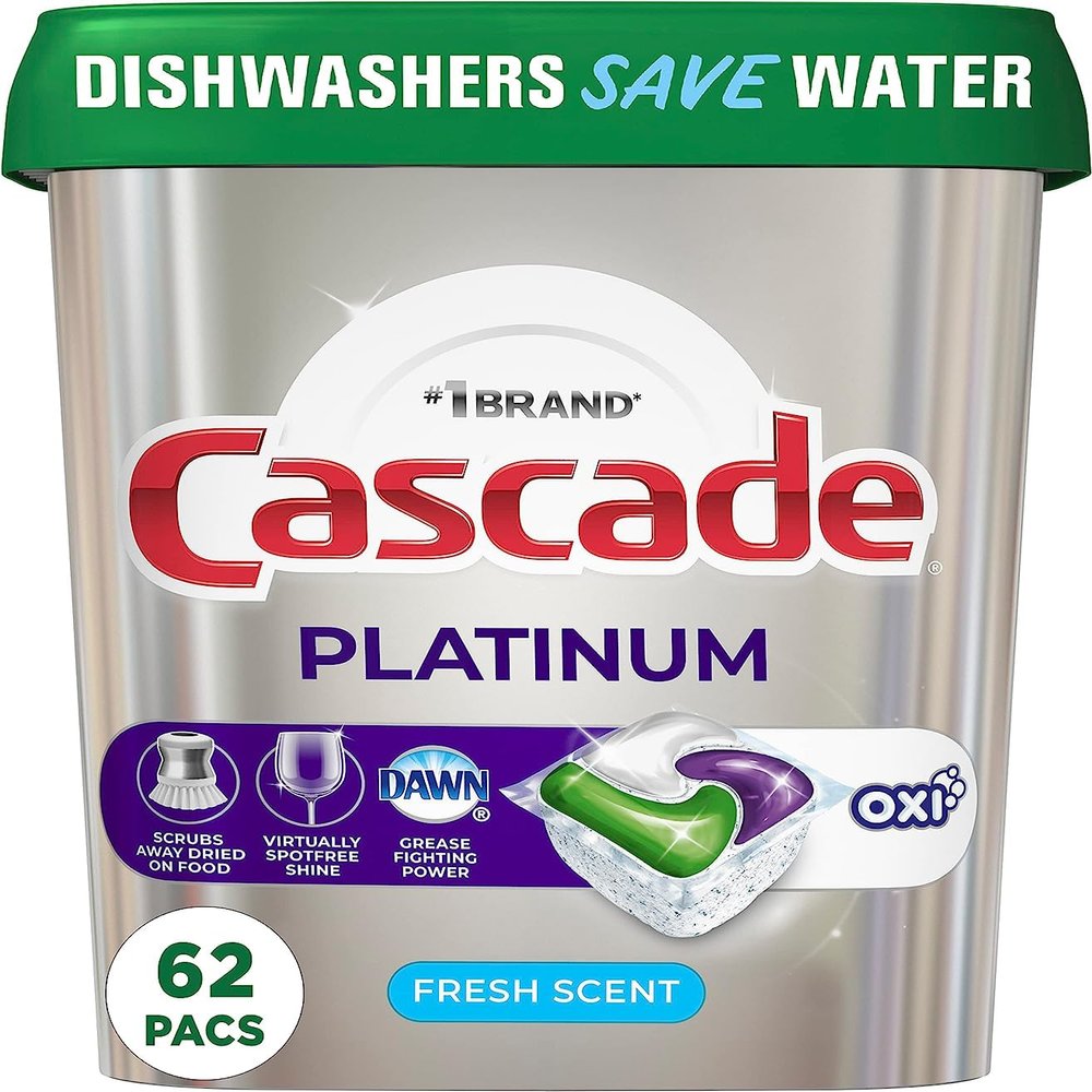 Cascade Platinum Dishwasher Soap Pods, Actionpacs + Oxi, Fresh, 62 Count of Dishwasher Detergent Pods