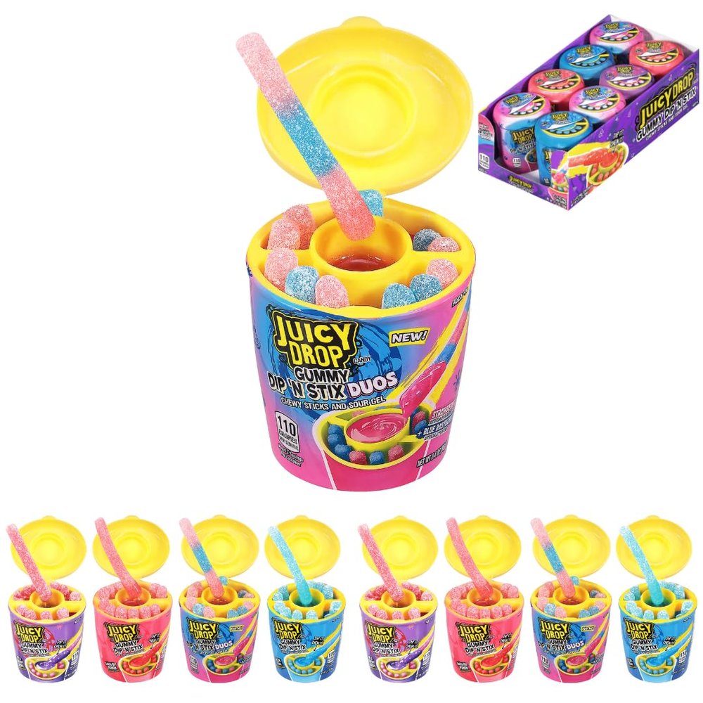 Juicy Drop Sour Candy Dip N Stix - 8 Ct Fun Sour Candy Variety Pack, Assorted Fruity Flavors, Sweet Gummy Sticks and Sour Dipping Gel, Fun Candy For Valentine's Gifts, Goodie Bags, Party Favors