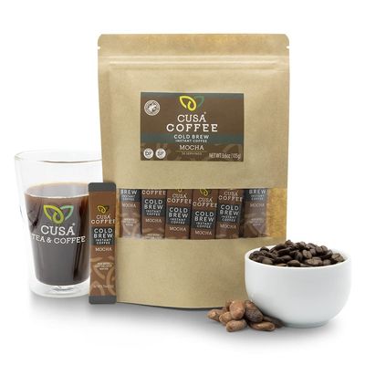 Cusa Tea & Coffee, Mocha Cold Brew. Premium Instant Coffee, Rainforest Alliance Certified Arabica Beans. Drink Mix Packets Ready in Seconds, Makes Hot or Iced Coffee (30 Servings)