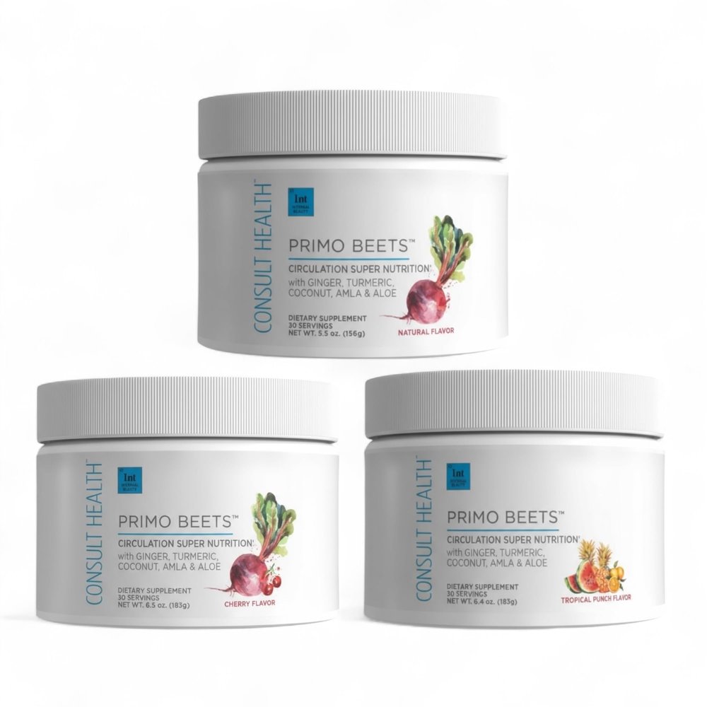 Consult Health Primo Beets Beet Root Powder Drink Mix with Nitrates, Daily Circulation Support with Ginger and Turmeric, 3 Pack of Flavors, Cherry, Natural, Tropical Punch 6.5 oz Each