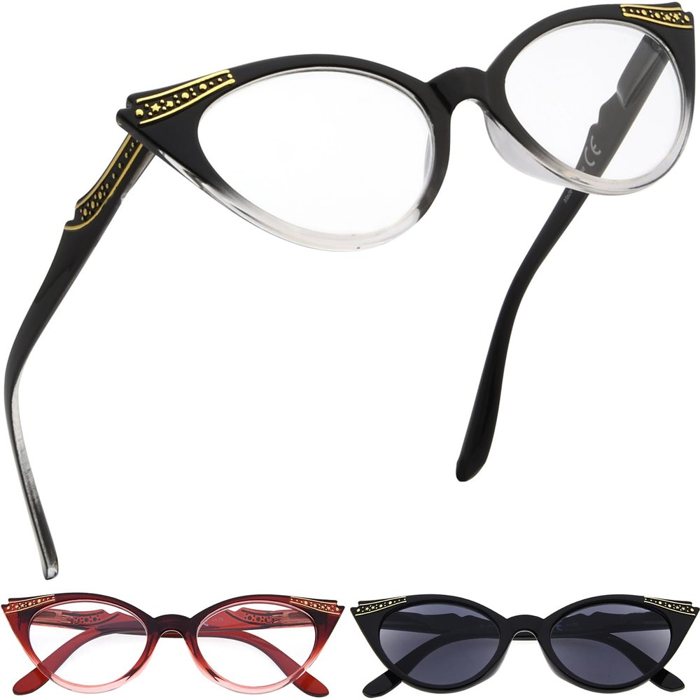 GUD Reading Glasses 3 Pairs Cateye Style Readers for Women (Black Transparent/Red Transparent/Grey Lens)