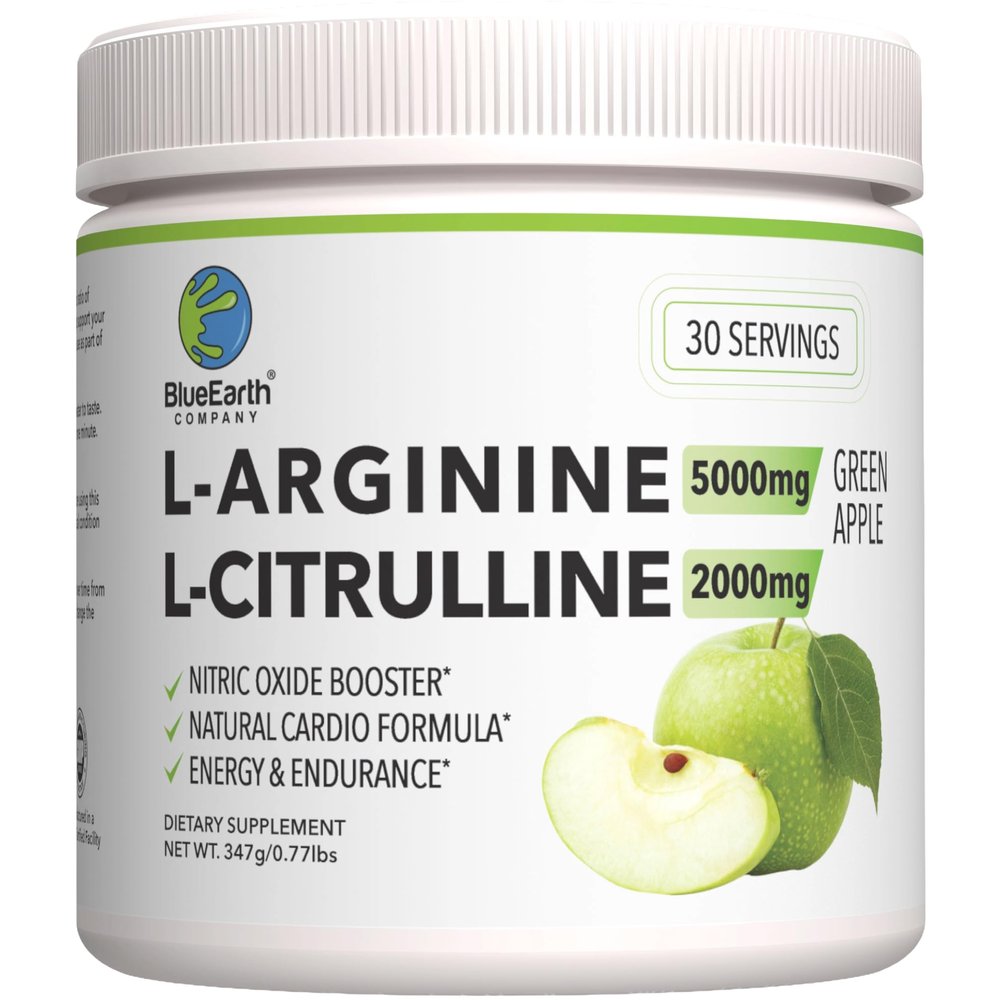 BlueEarth Company L-Arginine 5000mg + L-Citrulline 2000mg Complex Powder Supplement Drink Mix - Nitric Oxide Booster for Heart Health, Blood Flow & Energy - 30 Servings (Green Apple)