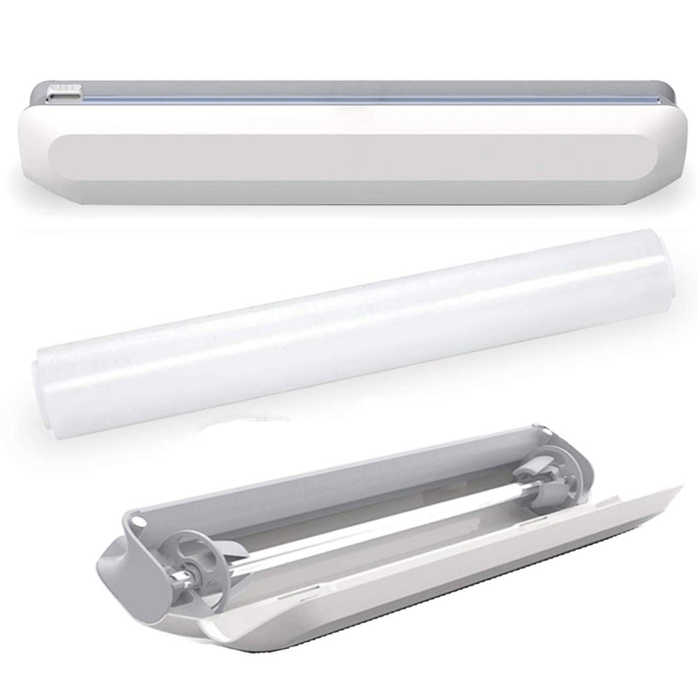 Plastic Wrap Dispenser with Slide Cutter, Reusable Cling Film Dispenser, Double Elastic Buckle Adjustable Length for Aluminum foil Wax Paper Foil Dispenser, Included 1 Roll Plastic Food Wrap