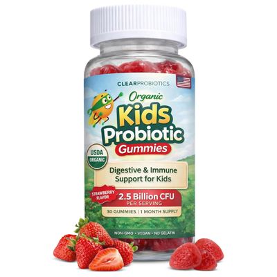 Clear Buddy Probiotics for Kids Ages 2-6 | Daycare Clinically Proven | USDA Organic Gummies 2.5B CFU | Immune Support & Digestive Health | DE111 Vegan Probiotic | Strawberry | 30 Day Supply