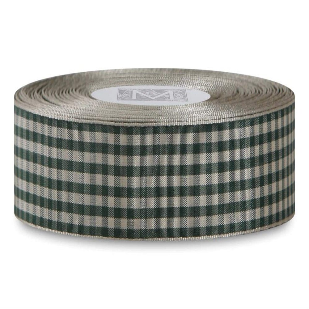 Checked Taffeta Ribbon - Cream/Hunter (3/8")