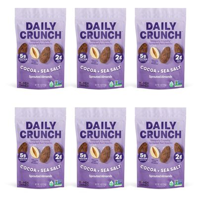 Daily Crunch Sprouted Almonds and Dehydrated nuts for a Unique Crunch, Keto Friendly, Non-GMO Zero Seed Oils, Gluten Free 4oz (6 Pack, Cocoa & Sea Salt)