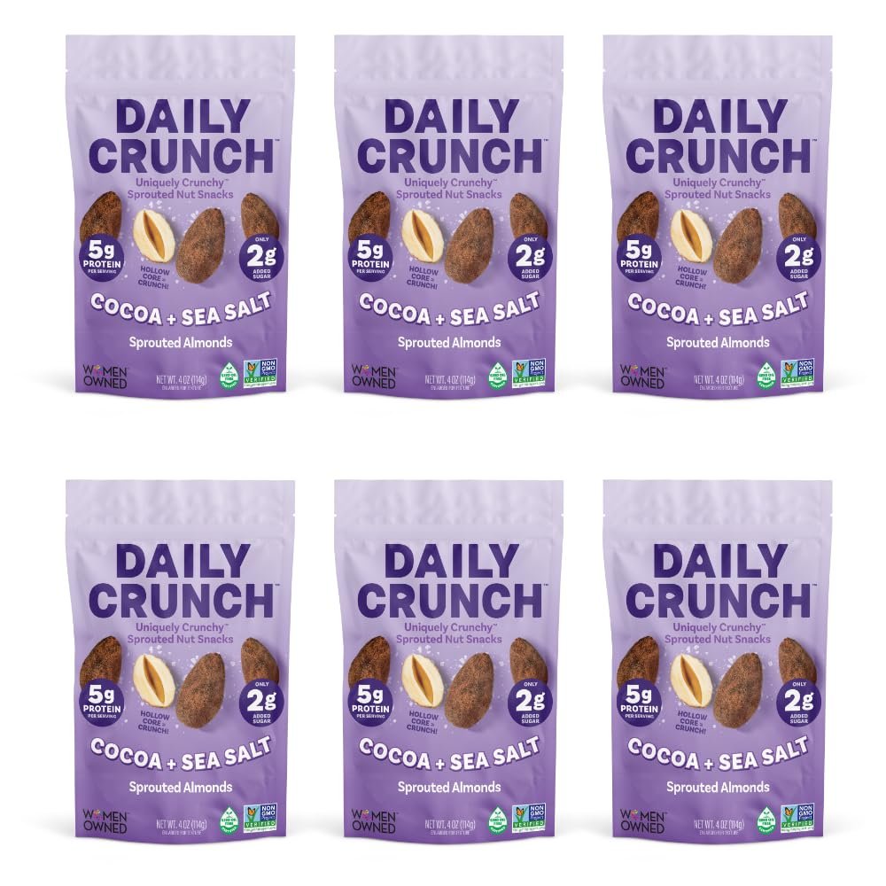 Daily Crunch Sprouted Almonds and Dehydrated nuts for a Unique Crunch, Keto Friendly, Non-GMO Zero Seed Oils, Gluten Free 4oz (6 Pack, Cocoa & Sea Salt)