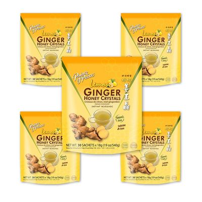 Prince of Peace Instant Lemon Ginger Honey Crystals, 5 Pack of 30 Sachets  Instant Hot or Cold Beverage  Easy to Brew Ginger and Honey Crystals