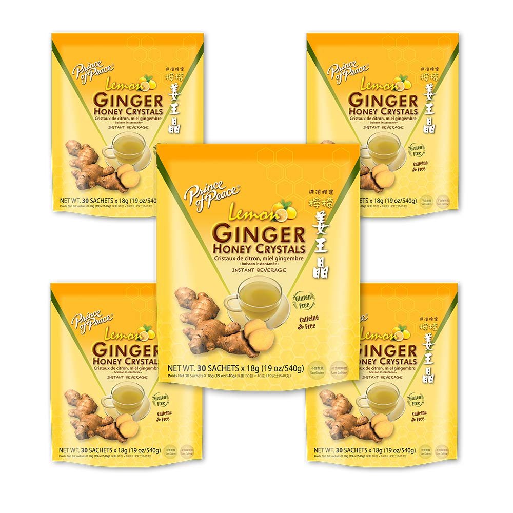 Prince of Peace Instant Lemon Ginger Honey Crystals, 5 Pack of 30 Sachets Instant Hot or Cold Beverage Easy to Brew Ginger and Honey Crystals