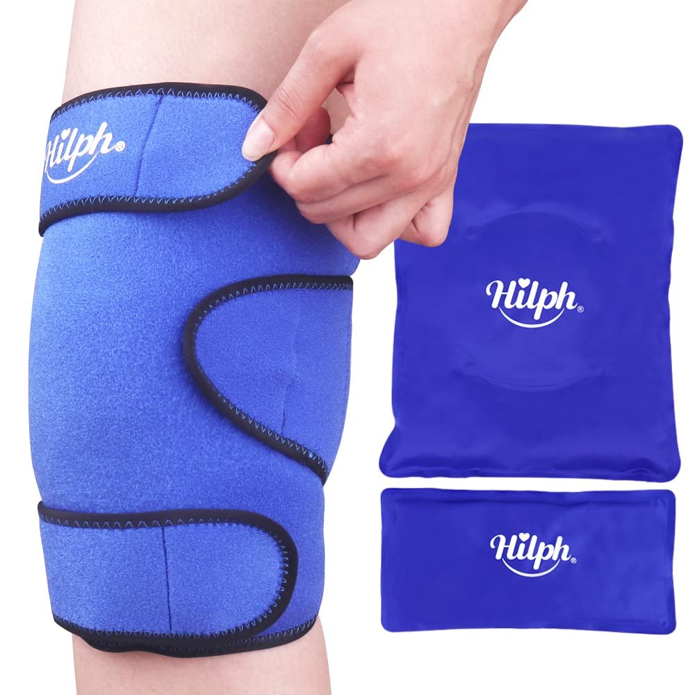 Hilph Knee Ice Pack Wrap, Reusable Adjustable Brace with 2 Gel Hot Cold Packs Around Entire Knee for Pain Relief, Replacement Surgery & Meniscus Tear, ACL, Arthritis, Swelling, Blue