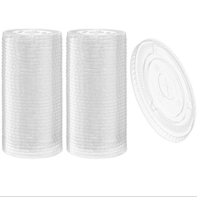 [100 Count] Crystal Clear PET Plastic Flat lids Fits 14, 16, 20, & 24 oz Cups for Iced Coffee, Milkshake, Slurpee, Ice cream, Razzle, Slush, Smoothy, Party's,