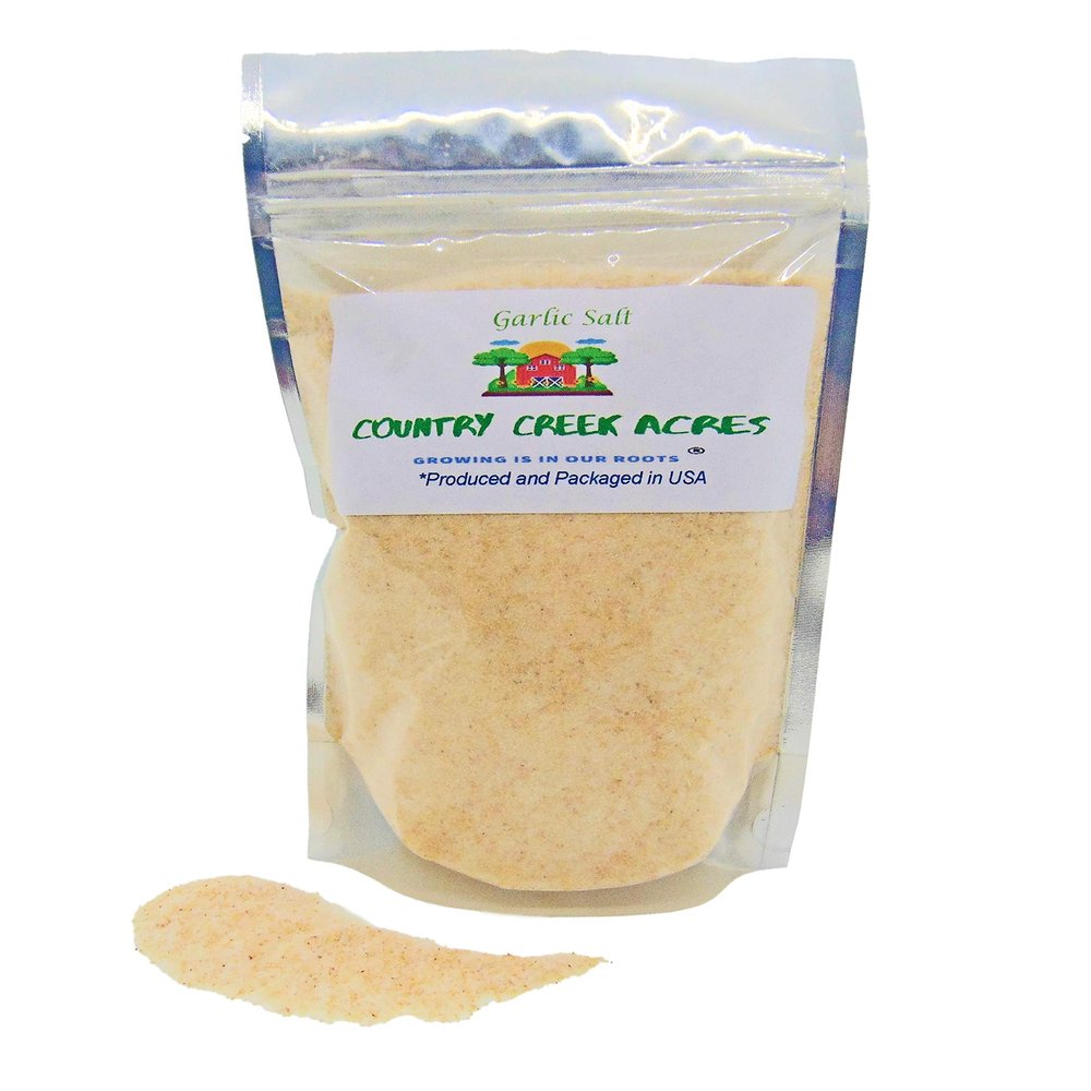 12 oz Garlic Salt A mild taste of garlic, sprinkled over foods like salads, popcorns, pizza or grilled fish and meat. - Country Creek LLC