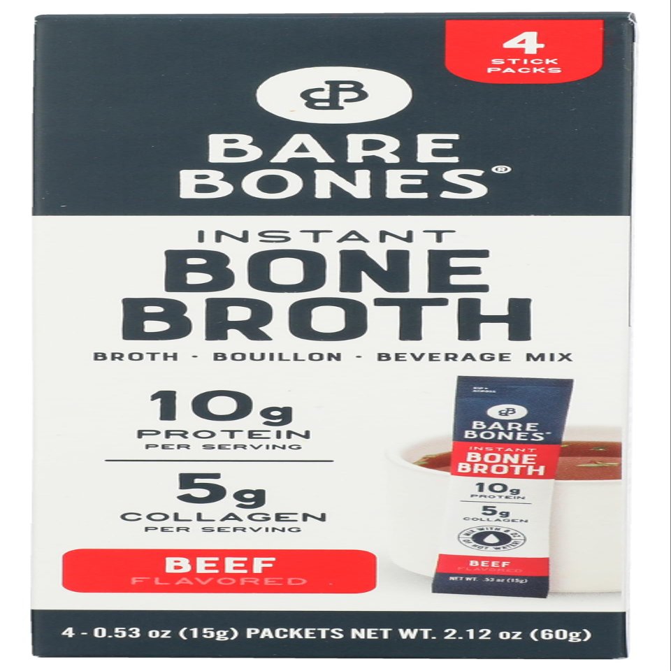 Bare Bones Beef Bone Broth Instant Powdered Mix Packets | 5g Collagen | 10g Protein | Keto & Paleo Friendly | No Artificial Flavors | Rich Savory on-the-go 4 Pack