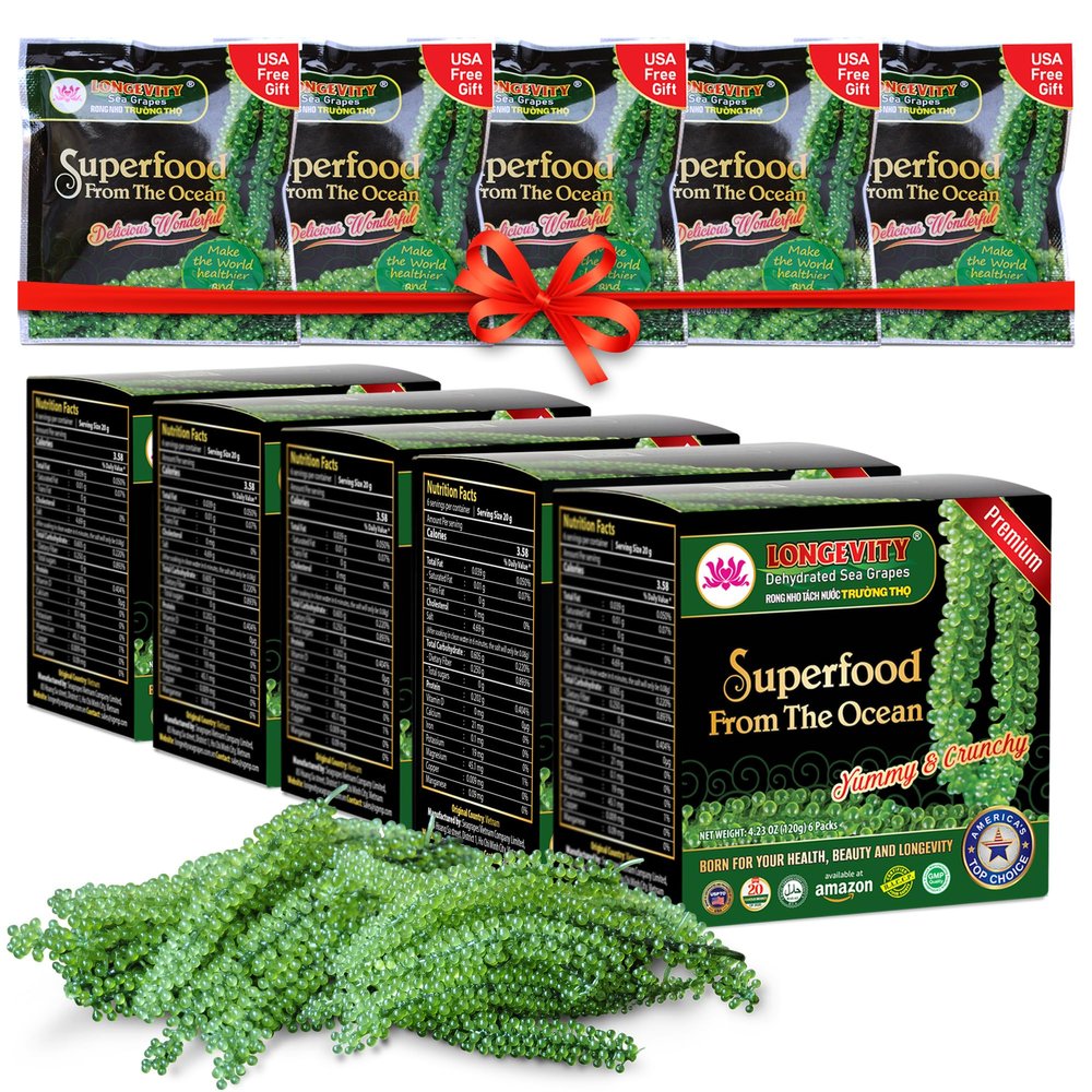 LONGEVITY Sea Grapes - Umibudo Green Caviar - Dehydrated, Marinated in Saltwater | Enhance Health, Boosting Immune System, Valued Natural Gift From Sea (Original, 600g (21.2 oz))