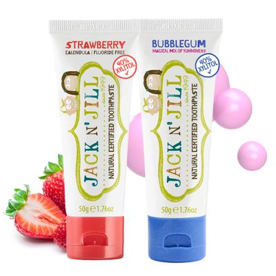 Jack N' Jill Natural Toothpaste for Kids - Fluoride Free Toothpaste, 40% Xylitol, BPA Free - Strawberry & Bubblegum, 1.76 oz (2 Pack)