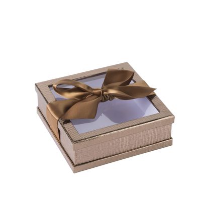 Hammont Clear Window Gift Boxes (3 Pack) Multipurpose Bakery Boxes with Ribbon | Treat Boxes Perfect for Party Favors, Cookies and Cupcakes (Gold, 6 x 6 x 2)