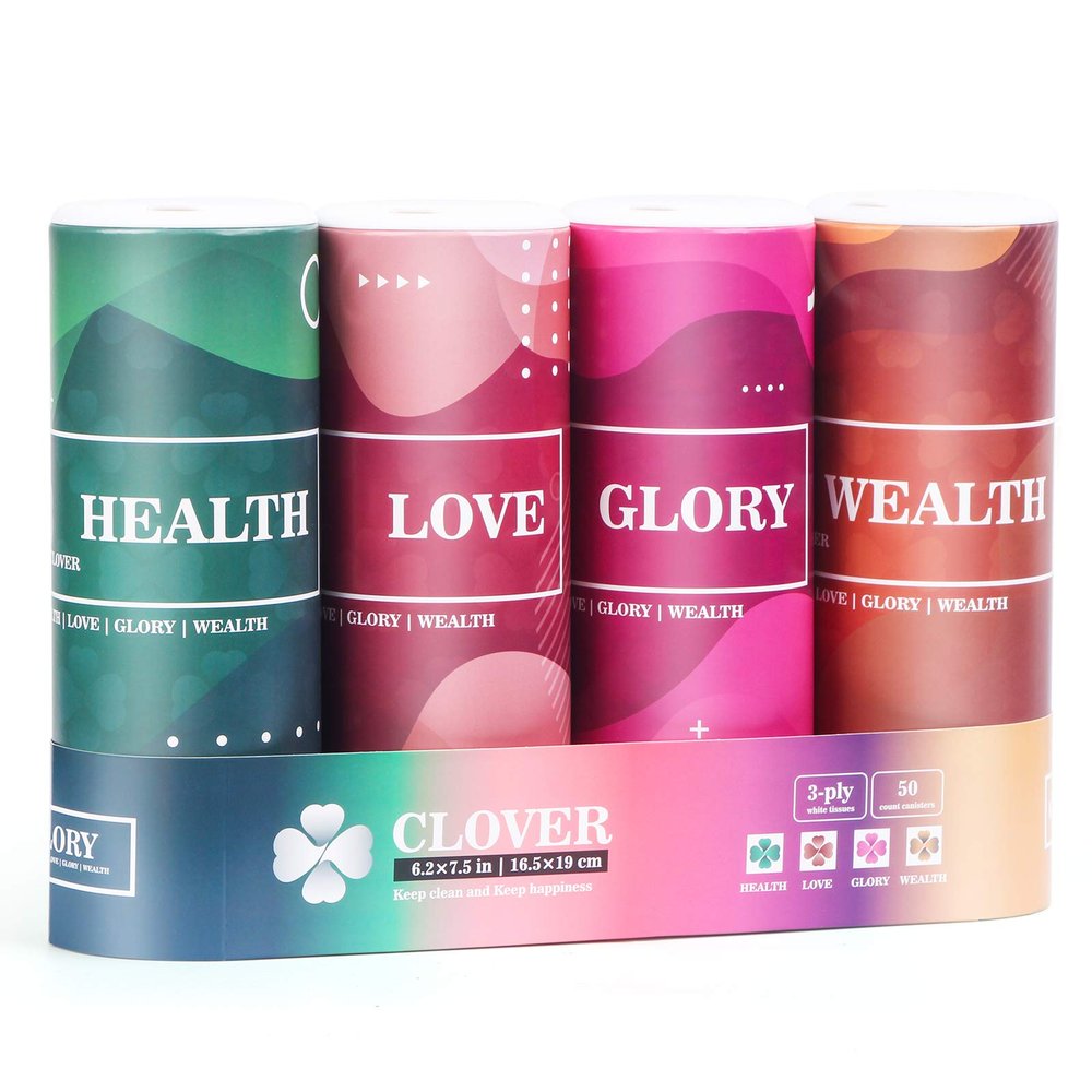 CLOVER Car Tissues- Facial Tissues in Canisters with Practical Cup Holder, Facial Tissues with Lotion Fit CarTravelHomeOffice 3-Ply, 50 Count / 4 CanistersSoft, Durable,Convenient & Decorative