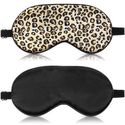 2 Pieces Silk Sleeping Mask with Adjustable Strap-Silk Eye Mask Soft Eye Cover Blindfold Eyeshade with Leopard Print, for Blocking Out Lights Sweet Sleep Travel Relax, Nap, Meditation (Black)