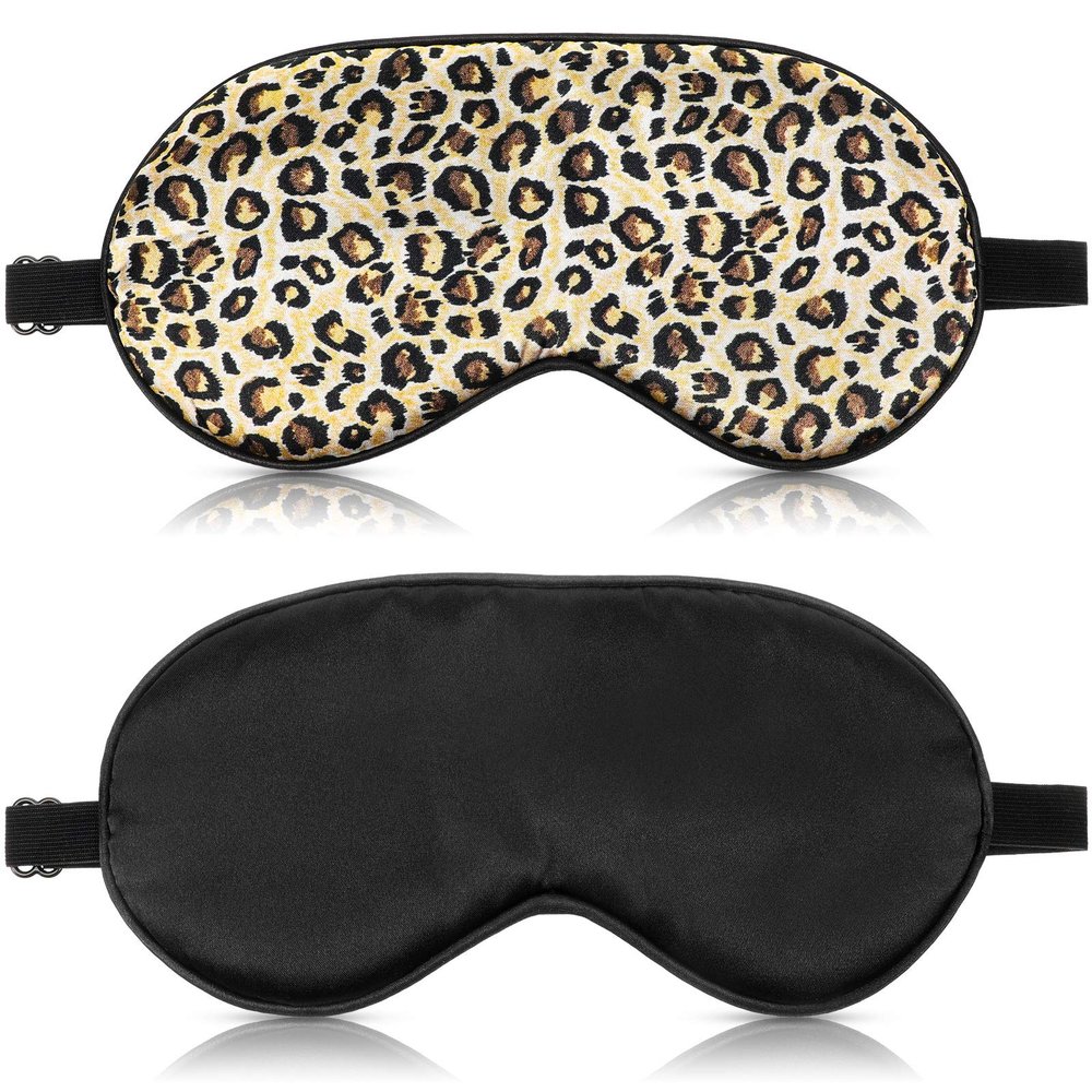 2 Pieces Silk Sleeping Mask with Adjustable Strap-Silk Eye Mask Soft Eye Cover Blindfold Eyeshade with Leopard Print, for Blocking Out Lights Sweet Sleep Travel Relax, Nap, Meditation (Black)