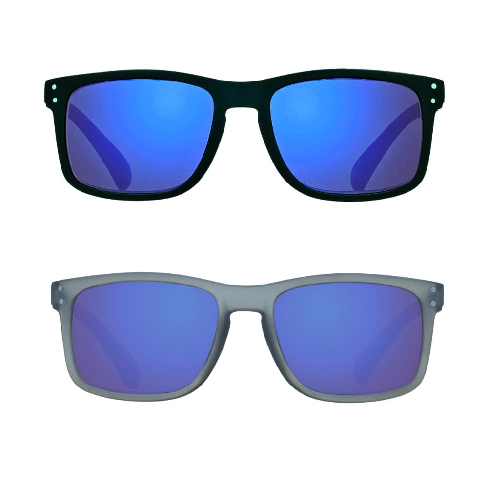 proSPORT Blue Mirror Sunglasses, Outdoor Sport Eyewear, Black and Grey Horn Rim Frame Golf Driving Shades Anti-Glare Dark Tint, Unisex
