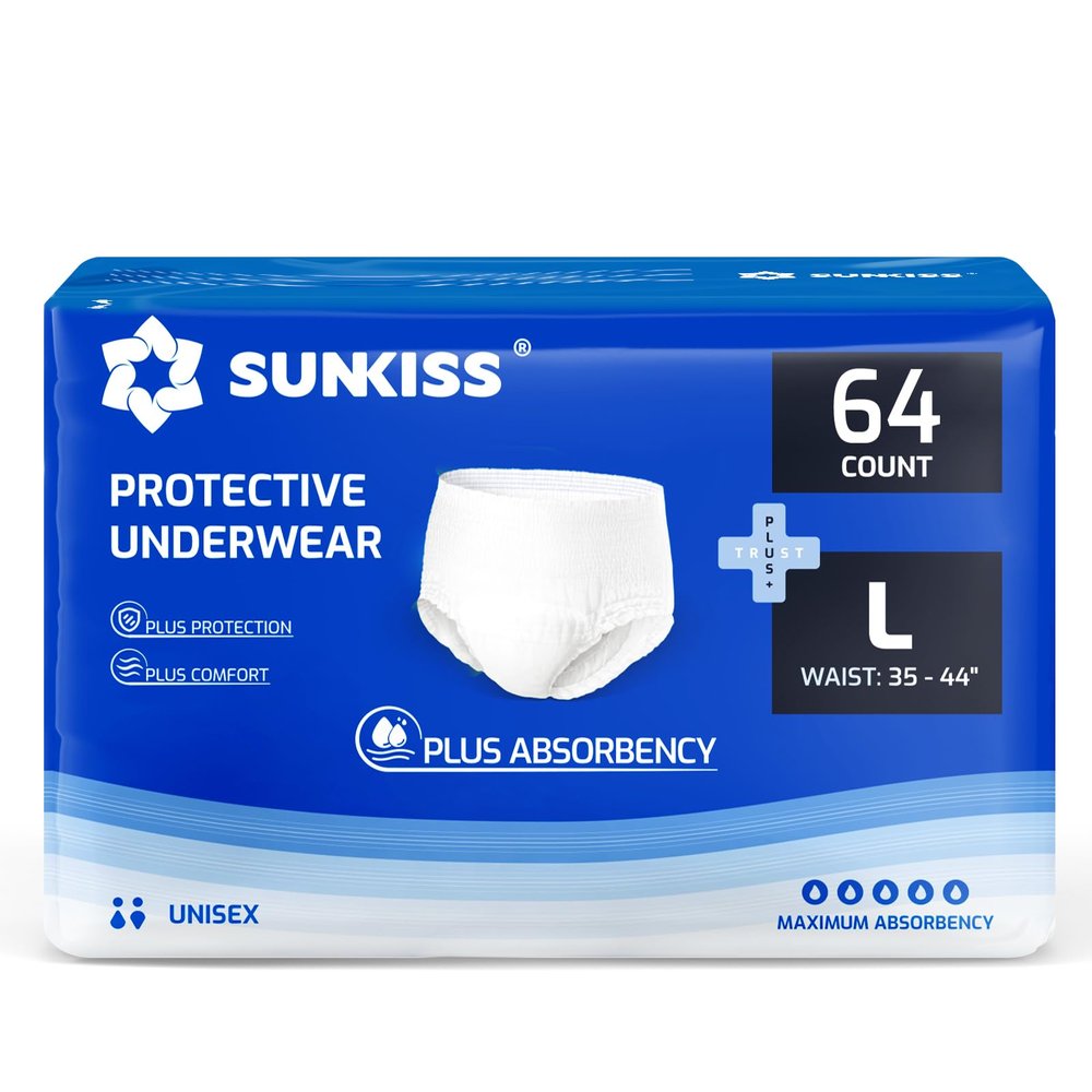 SUNKISS TrustPlus Incontinence Disposable Underwear for Men and Women, Adult Pull Ups with Heavy Absorbency, Leak Protection, Odor Control, Large, 64 Count (4 Packs of 16)