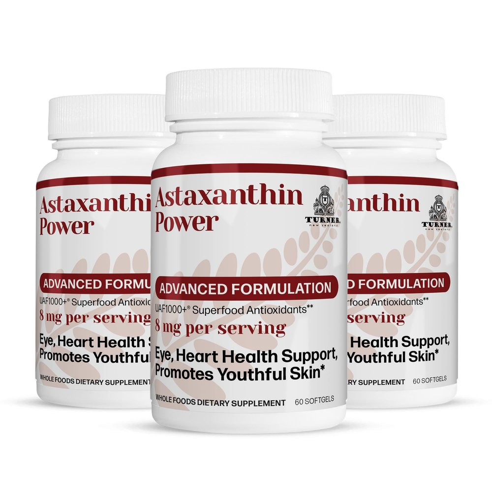 TURNER New Zealand Astaxanthin Power with UAF1000+, Anti-Aging, Skin, Eye, Nerve, Muscle Recovery, Immune Support Antioxidant Supplement, 12mg Astaxanthin, 90 Servings, 3 Bottles
