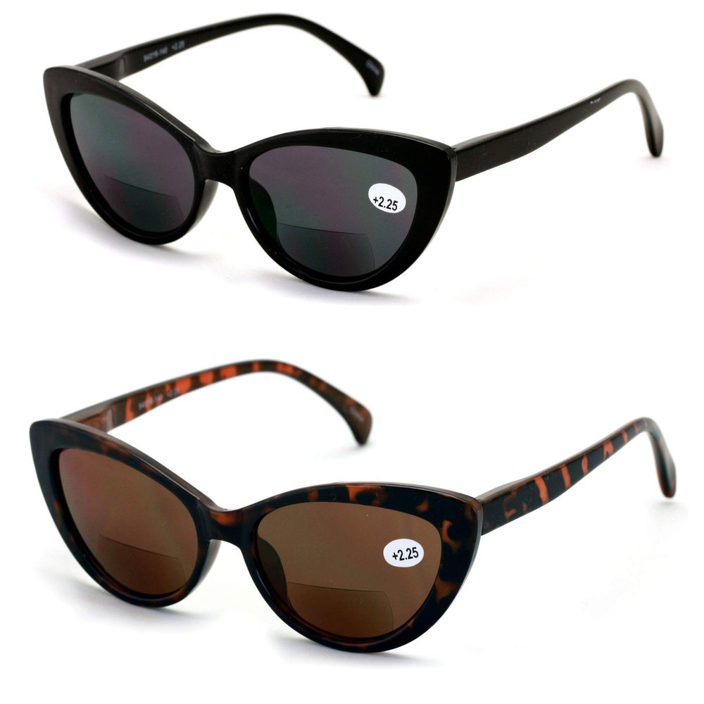 2 Pairs BIFOCAL Women Cateye Black Tortoise Reading Sunglasses - Outdoor Cat Eye Readers (1 Black 1 Tortoise, 1.75)