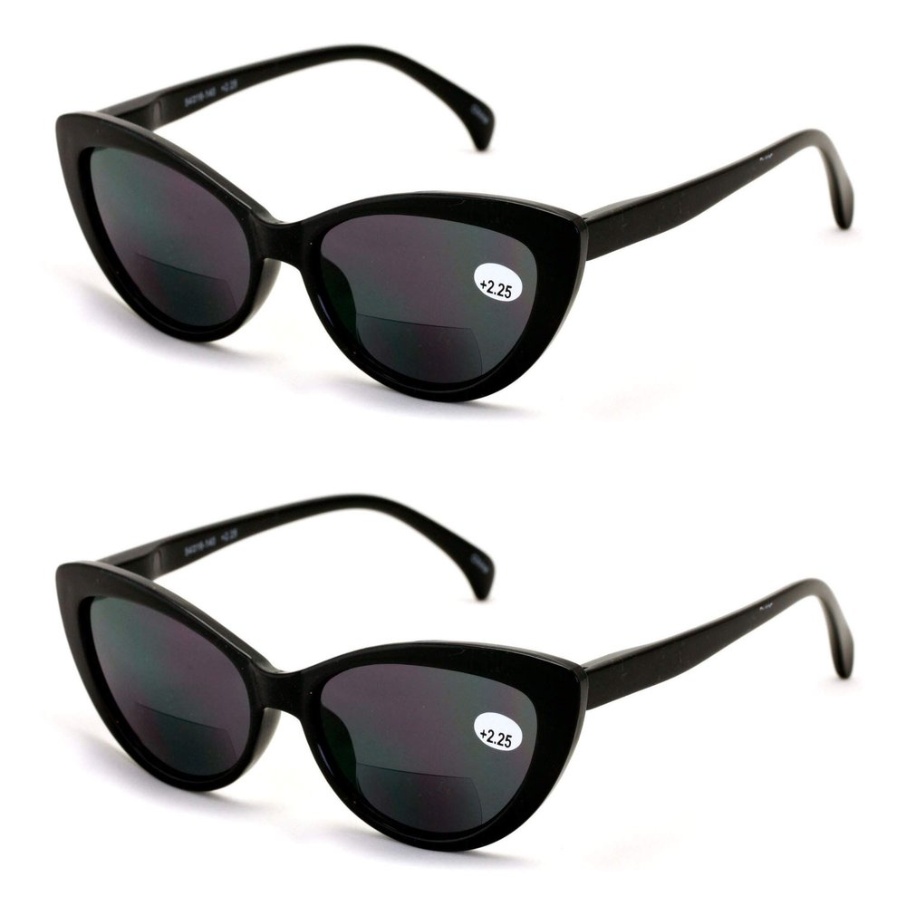 2 Pairs BIFOCAL Women Cateye Black Tortoise Reading Sunglasses - Outdoor Cat Eye Readers (2 Black, 3.00)